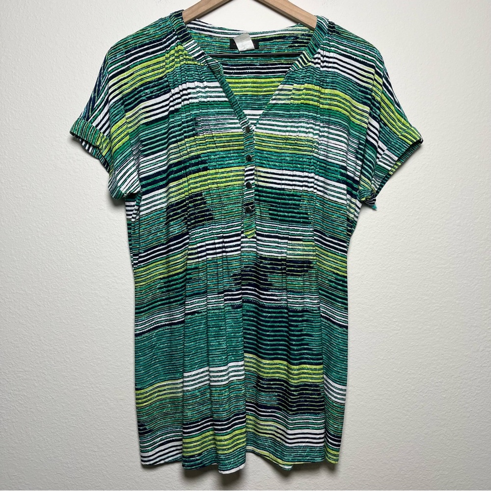 Cocomo Women Henley Top Large Green Stripe Popover Short Sleeve‎ Slinky